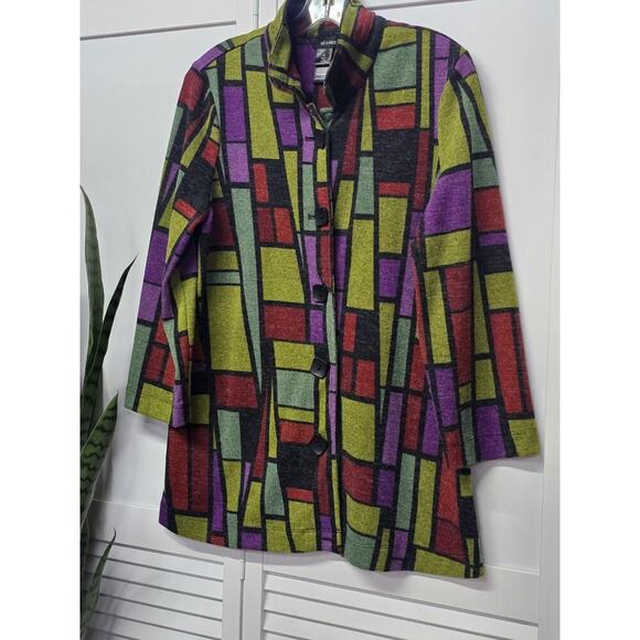 ALI MILES Jacket Blazer Swing 3/4 Sleeve Geometric Print Artsy Button Front Med. - Picture 2 of 6